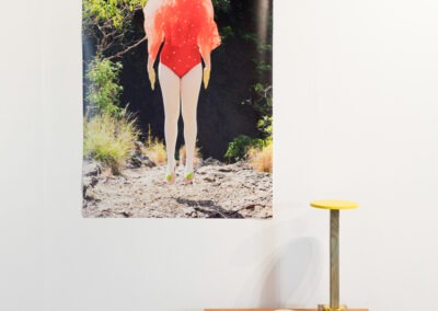 a0 sized photo of a girl suspended mid air in a red mushroom costume in nature. The photo is hang with magnets on a white gallery wall, beneath is a wooden stand with a wooden mushroom sculpture, photo and a smoke alarm