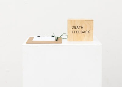 a cube ply box, sits on top of a white plinth, the box has the words "DEATH FEEDBACK" written on the front in black capital. Also on the white plinth to the left of the ply box is a brown clipboard lying down with white paper and a green pen.