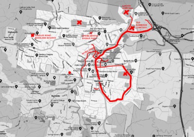 b&w map of nambour/namba with red marks on the map to show proposed route for a social art project 'tree auditor' to be undertaken by artist Fiona Harding