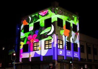 a photo taken at night in the valley (meanjin/Brisbane). The photo captures the Judith Wright Centre building and Fiona Harding's projected work. The work consists of pattern collages of the artist where a glowing green mushroom costume. The projection also had colourful flowers and crescent moons.