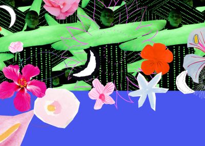 A collaged artwork. The main colours of the top half are black and neon green. The neon green is a repeated photo of a girl in a stylised mushroom costume. Overlaid onto that repeated photo are watercolour flowers and photographs of flowers and hand drawn moons. The bottom half also has some of these cut out artworks but it's mostly a solid blue.
