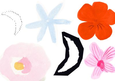 6 hand drawn illustrations on a white background. The illustrations include 4 flowers (light blue, orange and pink) and 2 moons in black and white