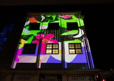 a photo taken at night in the valley (meanjin/Brisbane). The photo captures the Judith Wright Centre building and Fiona Harding's projected work. The work consists of pattern collages of the artist where a glowing green mushroom costume. The projection also had colourful flowers and crescent moons.