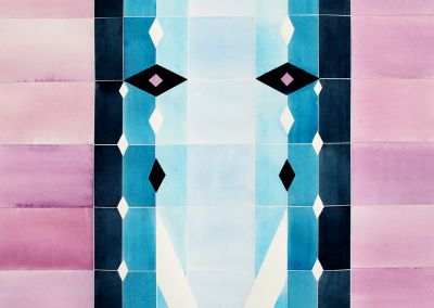 stylised waterfall painting made up of blocks of watercolour paint. The geometrical waterall runs down the middle. Different shades of blue are used and stylised elements like diamond shapes eyes and diamond shape tear drops run down. At the bottom a geometrical angel appears. Either side of the waterfall are blocks of light purple watercolour paint.