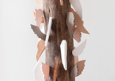 shot of a sculptural work on a white plinth with a white background. The sculpture on the plinth is a wooden stump that has clay wings all over it. The wings are different unglazed clay bodies and different shapes.