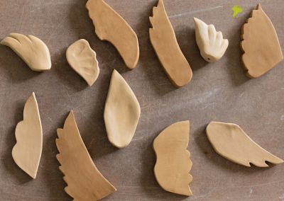 an above shot taken of unfired clay wings of different shapes on a brown board